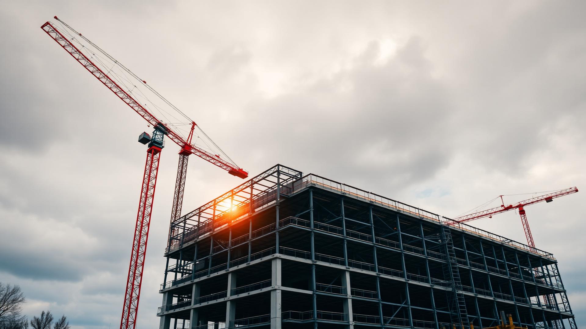 Commercial building under construction with cranes